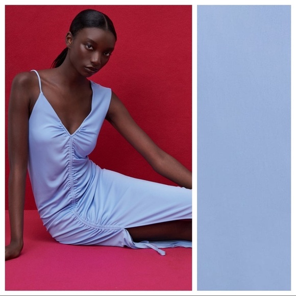 NWT. Zara Blue Midi Dress with Gathering. Size S. - Picture 4 of 12